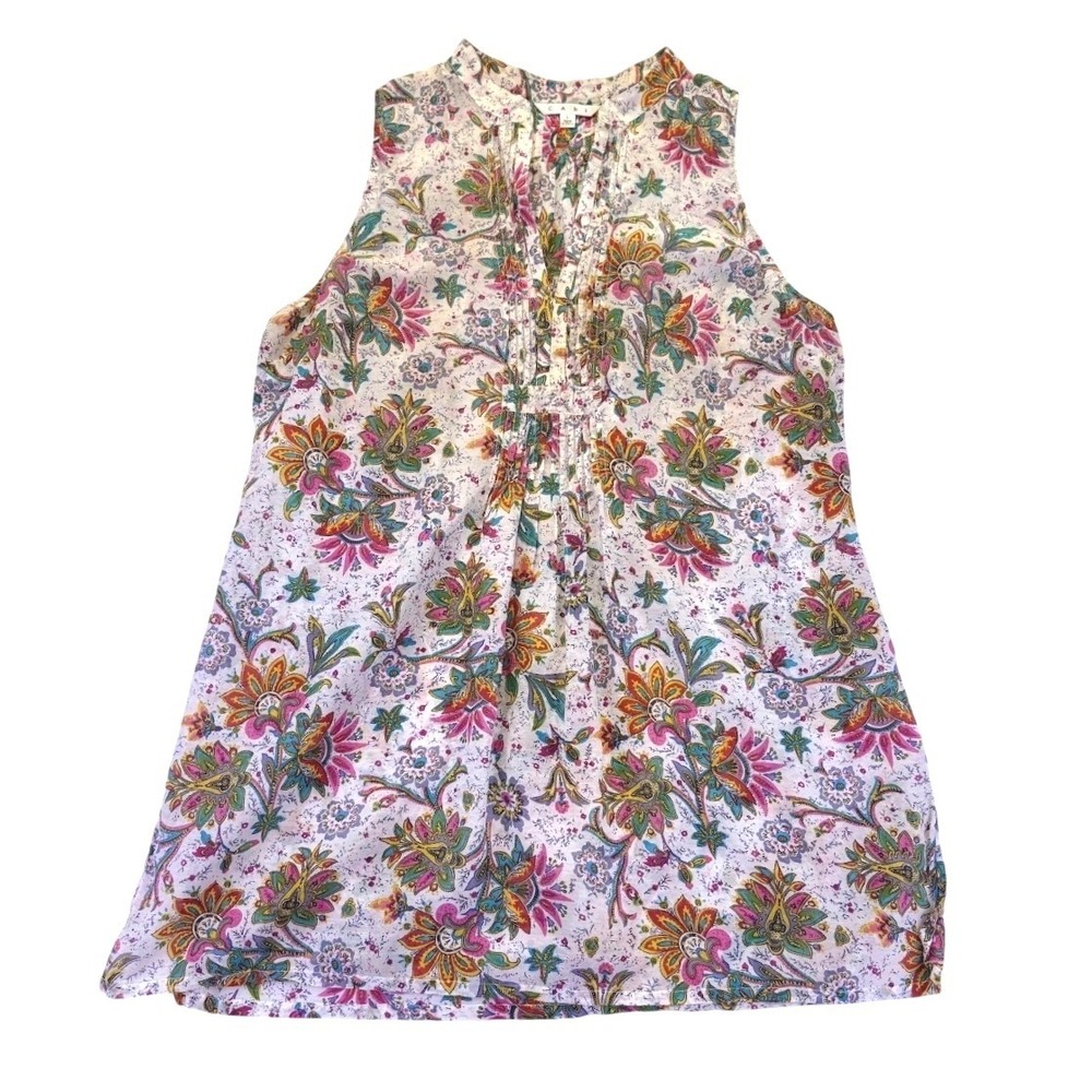 Cabi Silk Blend Paisley Pintuck Tunic Top Sleeveless Floral Print L Boho Coastal